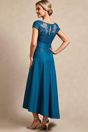 Peacock Blue A Line Cap Sleeves Long Mother of the Bride Dress with Lace
